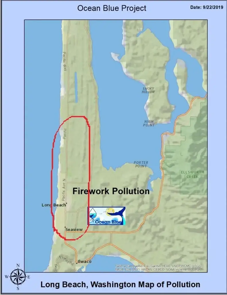 Map of plastic pollution found on beaches left by humans shooting fireworks. 
